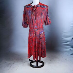 Vtg NPC FASHIONS Rockabilly Retro‎ Sheer Floral Red Dress Sexy